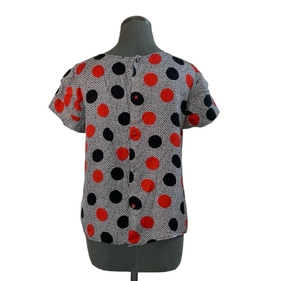Women Top MYNE Ashley Ann Red Black Polka Dot Ruffle Blouse Button Back Silk Top - Picture 4 of 6